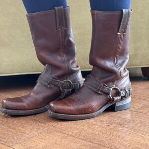 Frye Veronica Brown Leather Harness Mid-Calf Boots